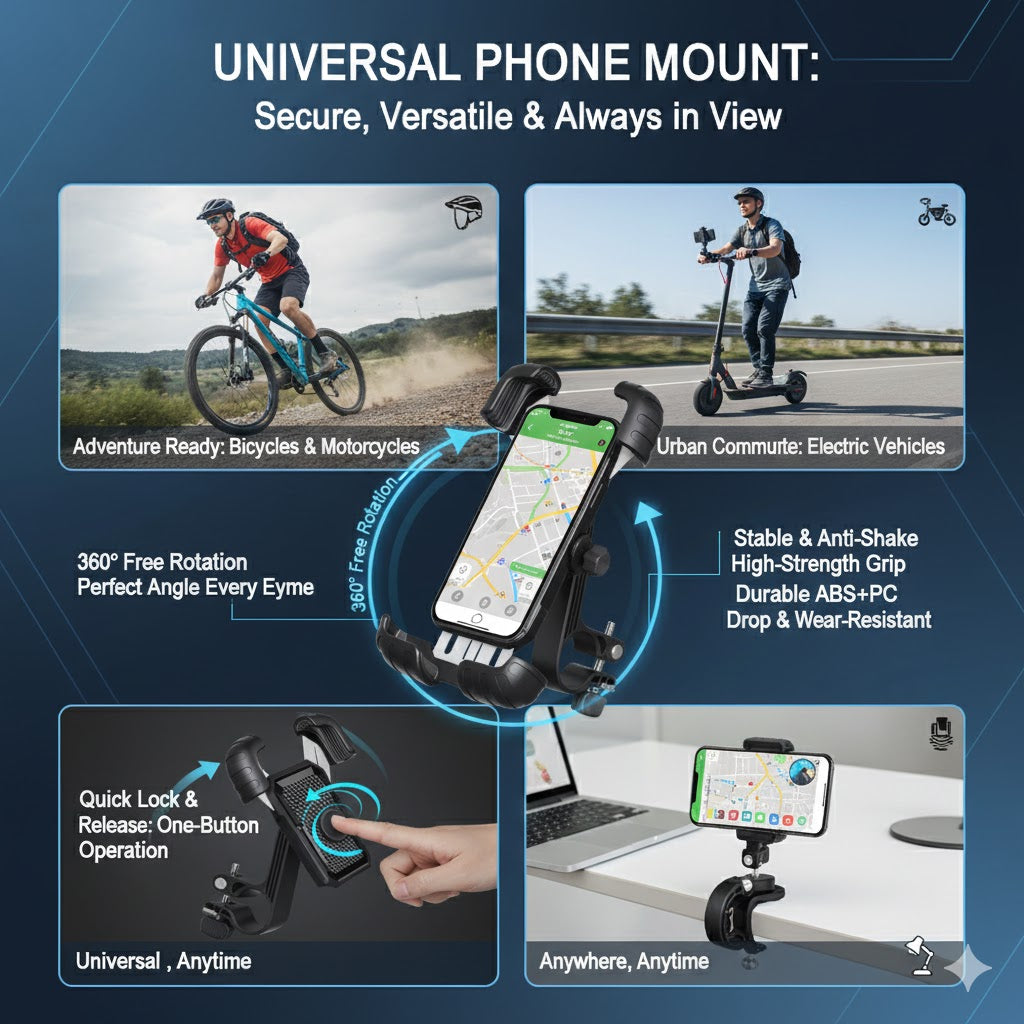 Universal Motorcycle Phone Mount - Fits 4" to 7" Phones, ABS Black, Vibration Dampening, Handlebar & Mirror Mount