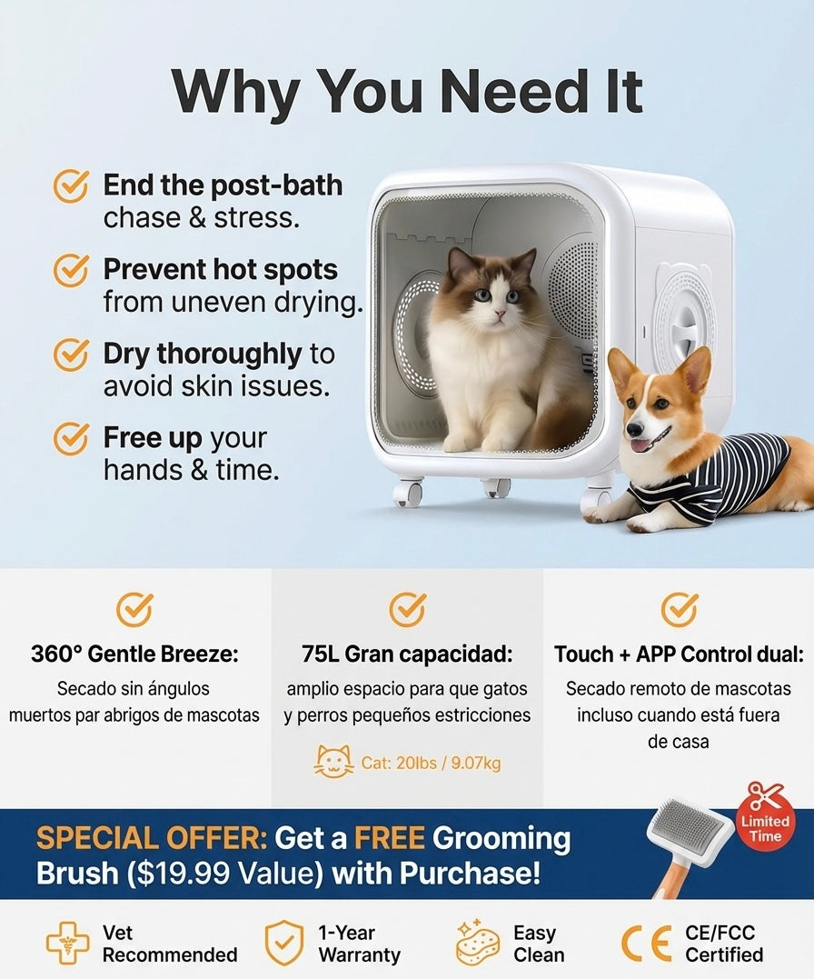 MX0187 Pet Dryer Box 75L with Smart App - 350W, WiFi & Bluetooth Control, 3 Temperature/2 Fan Modes, Timer, for Dogs Cats After Bath