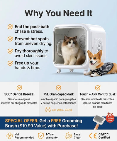 MX0187 Pet Dryer Box 75L with Smart App - 350W, WiFi & Bluetooth Control, 3 Temperature/2 Fan Modes, Timer, for Dogs Cats After Bath