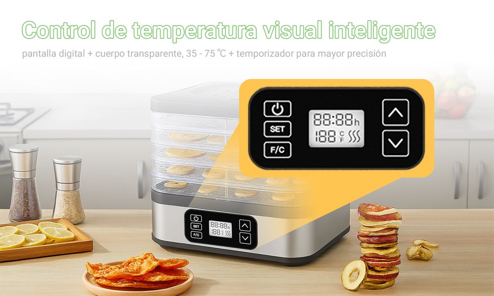 Digital Food Dehydrator - 400W, 5 Stackable Trays (260x235mm), Adjustable Timer & Temperature (35-70°C), for Jerky, Fruits, Herbs, Black