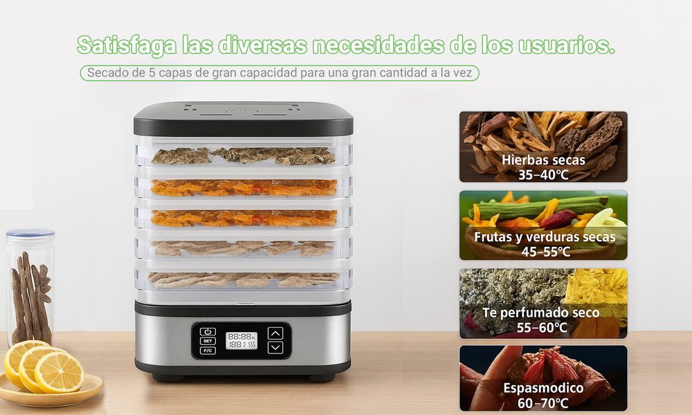 Digital Food Dehydrator - 400W, 5 Stackable Trays (260x235mm), Adjustable Timer & Temperature (35-70°C), for Jerky, Fruits, Herbs, Black