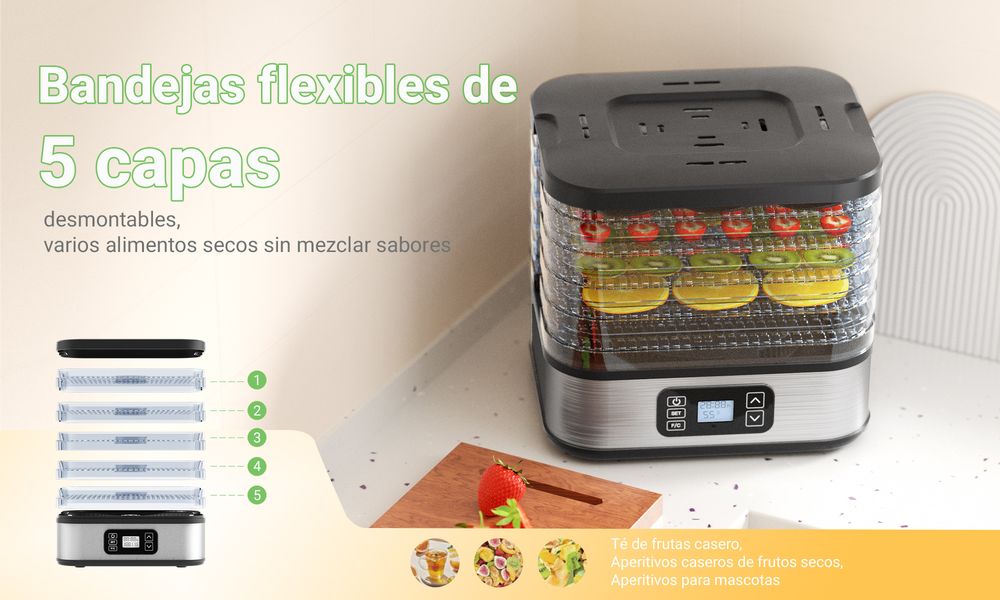 Digital Food Dehydrator - 400W, 5 Stackable Trays (260x235mm), Adjustable Timer & Temperature (35-70°C), for Jerky, Fruits, Herbs, Black