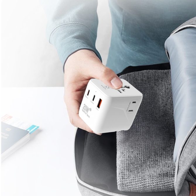 Universal Travel Adapter with 20W PD - 2 USB-C + 1 USB-A Ports, International Plug (US/EU/UK/AU), White, Compact Folding Design