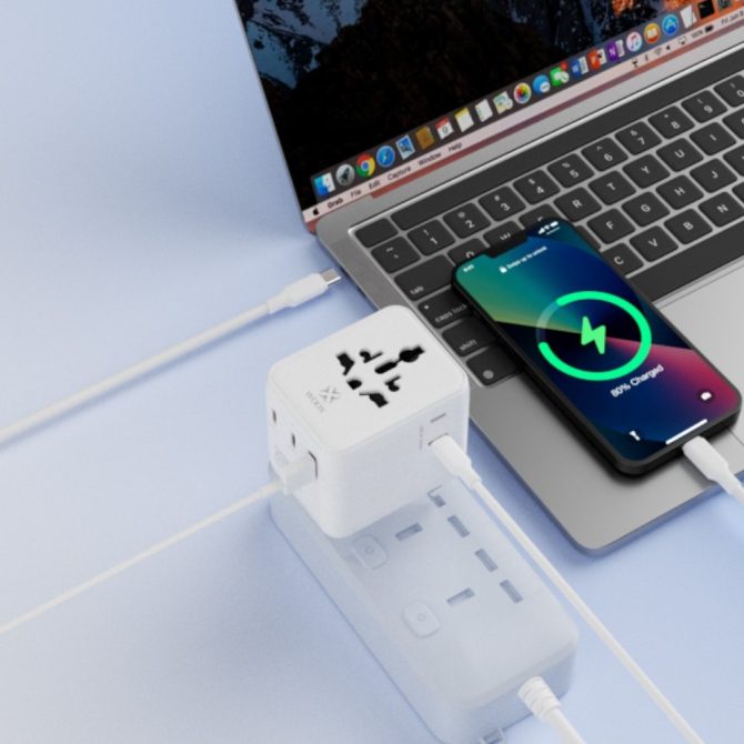 Universal Travel Adapter with 20W PD - 2 USB-C + 1 USB-A Ports, International Plug (US/EU/UK/AU), White, Compact Folding Design