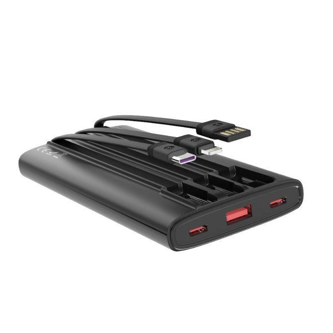 MX0131 Power Bank 10000mAh with 3 Cables - 22.5W Super Fast Charging, 3-in-1 Built-in Cables (Type C/Lightning/Micro USB), Portable ABS+PC White&black
