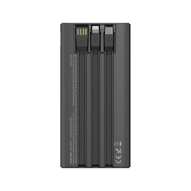 MX0131 Power Bank 10000mAh with 3 Cables - 22.5W Super Fast Charging, 3-in-1 Built-in Cables (Type C/Lightning/Micro USB), Portable ABS+PC White&black