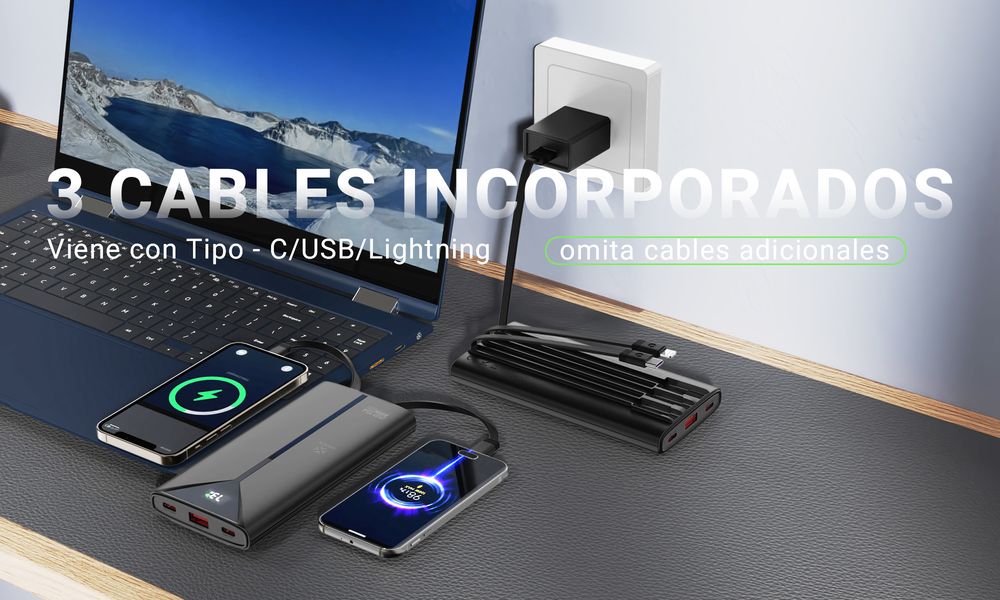 MX0131 Power Bank 10000mAh with 3 Cables - 22.5W Super Fast Charging, 3-in-1 Built-in Cables (Type C/Lightning/Micro USB), Portable ABS+PC White&black