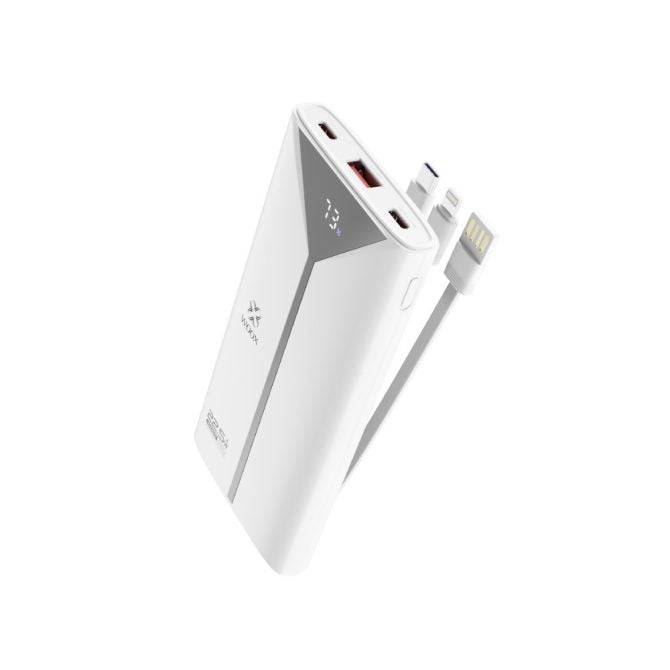 MX0131 Power Bank 10000mAh with 3 Cables - 22.5W Super Fast Charging, 3-in-1 Built-in Cables (Type C/Lightning/Micro USB), Portable ABS+PC White&black