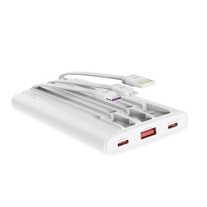 MX0131 Power Bank 10000mAh with 3 Cables - 22.5W Super Fast Charging, 3-in-1 Built-in Cables (Type C/Lightning/Micro USB), Portable ABS+PC White&black