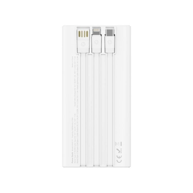 MX0131 Power Bank 10000mAh with 3 Cables - 22.5W Super Fast Charging, 3-in-1 Built-in Cables (Type C/Lightning/Micro USB), Portable ABS+PC White&black