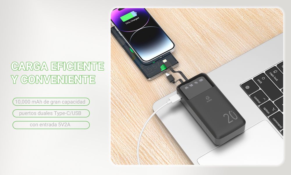 MX0134 Power Bank 10000mAh with 4 Cables - Universal 5V/2A Output, 4 Built-in Cables (Type C/Lightning/Micro/Android), Compact ABS+PC White