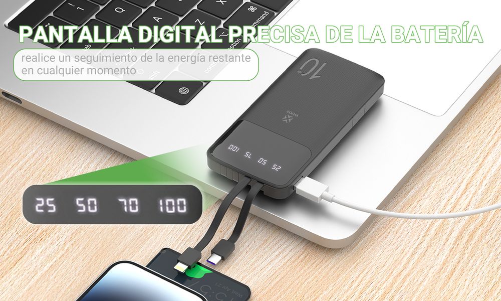 MX0134 Power Bank 10000mAh with 4 Cables - Universal 5V/2A Output, 4 Built-in Cables (Type C/Lightning/Micro/Android), Compact ABS+PC White
