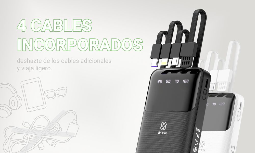 MX0134 Power Bank 10000mAh with 4 Cables - Universal 5V/2A Output, 4 Built-in Cables (Type C/Lightning/Micro/Android), Compact ABS+PC White