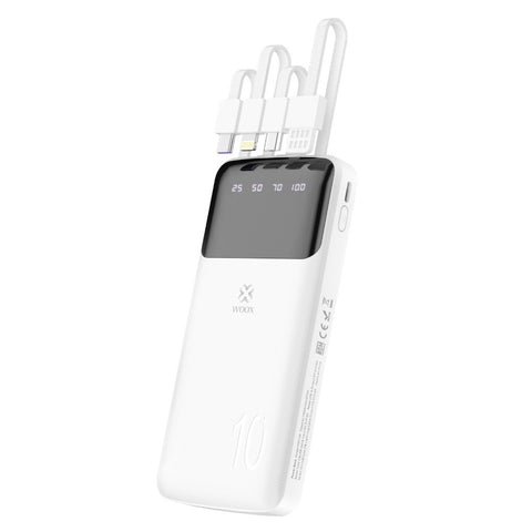 MX0134 Power Bank 10000mAh with 4 Cables - Universal 5V/2A Output, 4 Built-in Cables (Type C/Lightning/Micro/Android), Compact ABS+PC White