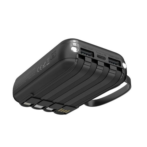 MX0137 Slim Power Bank 5400mAh with 4 Cables - Ultra Portable, 4 Built-in Cables (Type C/Lightning/Micro/USB-A), 5V/2A Output, ABS+PC White