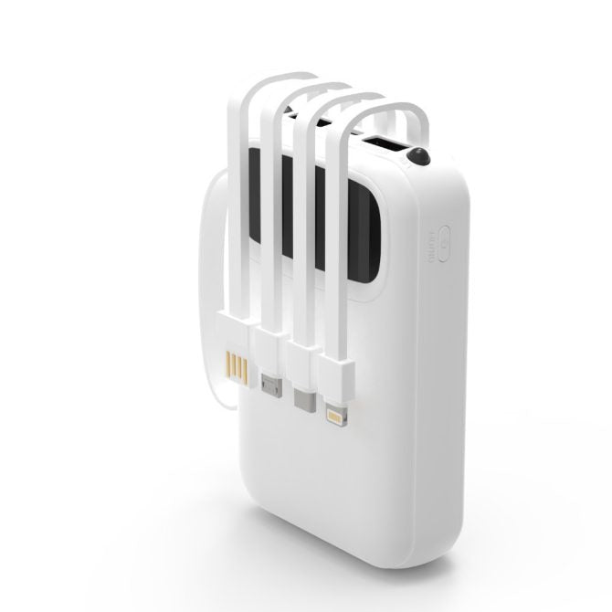 MX0137 Slim Power Bank 5400mAh with 4 Cables - Ultra Portable, 4 Built-in Cables (Type C/Lightning/Micro/USB-A), 5V/2A Output, ABS+PC White