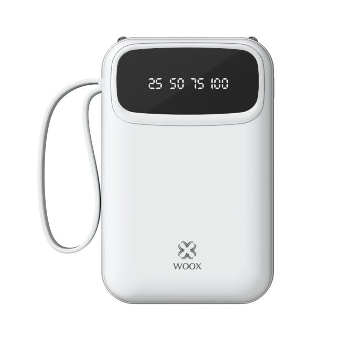 MX0137 Slim Power Bank 5400mAh with 4 Cables - Ultra Portable, 4 Built-in Cables (Type C/Lightning/Micro/USB-A), 5V/2A Output, ABS+PC White