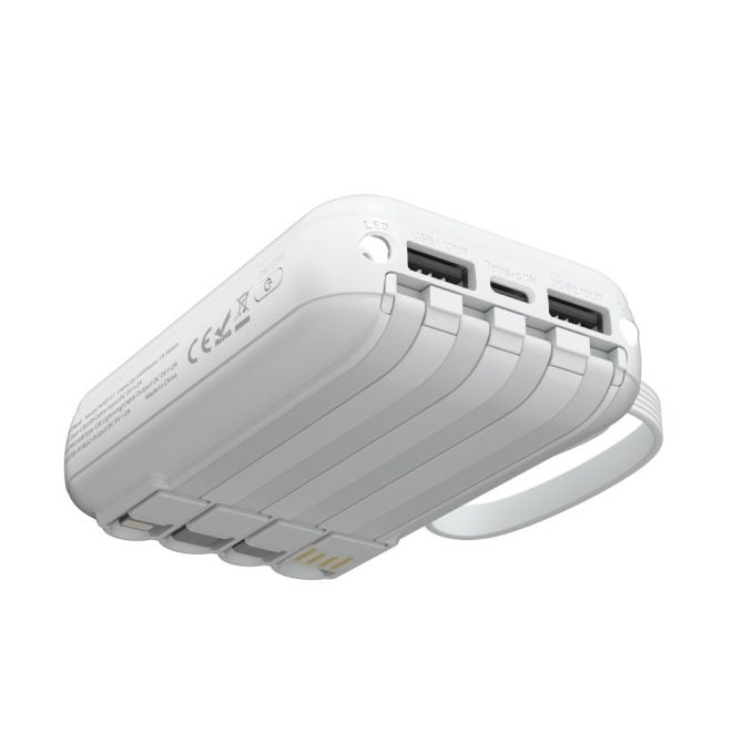 MX0137 Slim Power Bank 5400mAh with 4 Cables - Ultra Portable, 4 Built-in Cables (Type C/Lightning/Micro/USB-A), 5V/2A Output, ABS+PC White