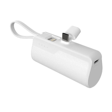 MX0138 All-in-One Power Bank 5000mAh - Built-in AC Plug & USB-C Cable, 5V/2A Output, Compact ABS+PC White, Travel Ready