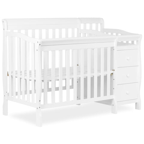 Jayden 4‑in‑1 Mini Convertible Baby Crib & Changer with Storage in White, Pinewood, GreenGuard Gold & BSA, 1” Mattress Pad, 3 Mattress Heights, Converts to Mini Day & Twin-Size Bed